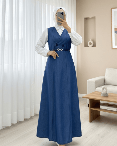 Çift Düğmeli Kemerli Kot Jile -İndigo-Elbise-186-718-R21