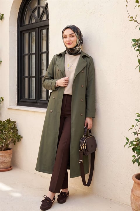 Çift Düğmeli Kemerli Trençkot -Haki-Trençkot-197-4901-R05