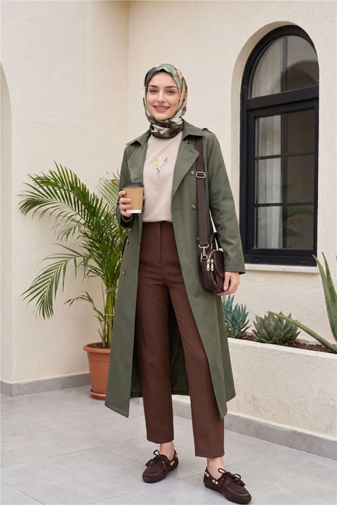 Çift Düğmeli Kemerli Trençkot -Haki-Trençkot-197-4901-R05