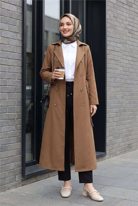 Çift Düğmeli Kemerli Trençkot -Taba-Trençkot-197-4901-R12