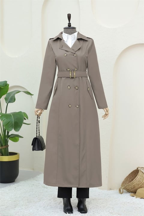 Çift Düğmeli Kemerli Trençkot  -Taş-Trençkot-197-4901-R43