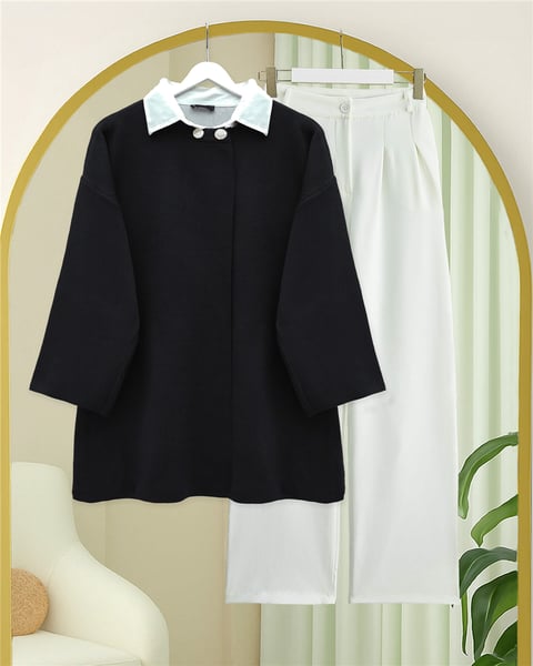 Çift Düğmeli Salaş Triko Panço  -Siyah-Hırka-109-9770-R01