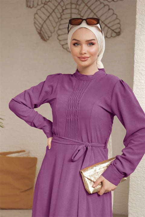 Çıma Detaylı Kemerli Ayrobin Elbise   -Vişne-Açık Elbise-186-662-R44