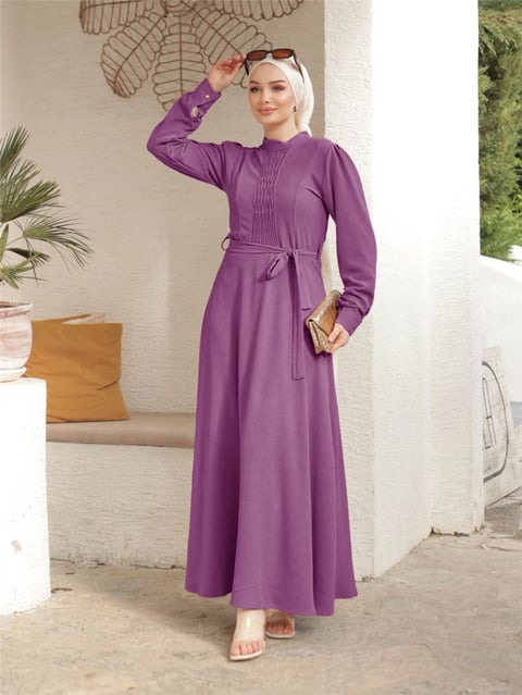 Çıma Detaylı Kemerli Ayrobin Elbise   -Vişne-Açık Elbise-186-662-R44