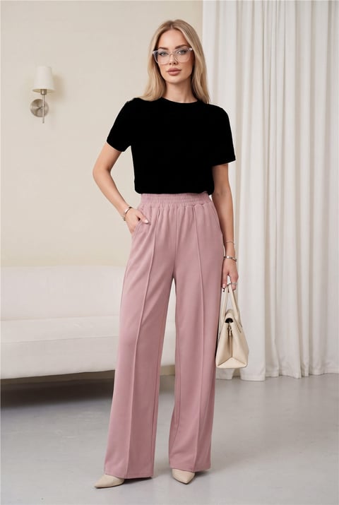 Çımalı Beli Lastikli Kadife Pantolon -Pudra-Pantolon-349-6031-R06