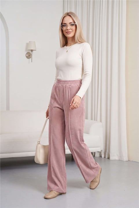 Çımalı Beli Lastikli Kadife Pantolon -Pudra-Pantolon-349-6031-R06