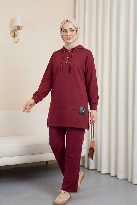 Çıtçıtlı  Arma Detaylı İkili Penye Takım  -Bordo-Takım-349-4092-R04