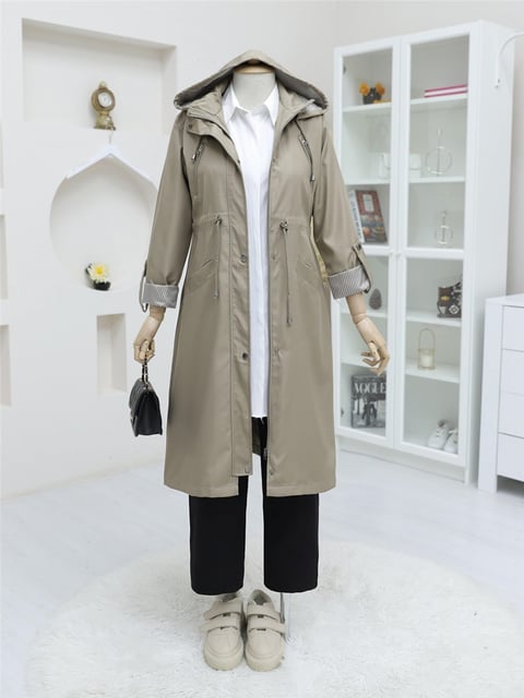 Çıtçıtlı Fermuarlı Kapşonlu Trenckot -Vizon-Kapşonlu Trençkot-111-50660-R23