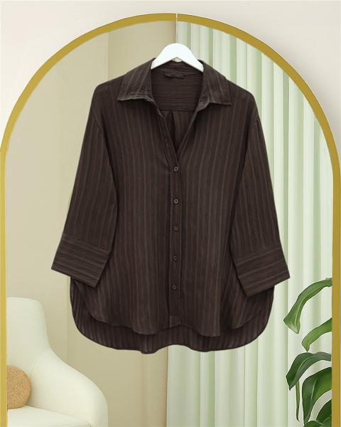 Çizgi Desen Oval Kesim Krinkıl Gömlek -Kahve-Gömlek-317-2416-R15
