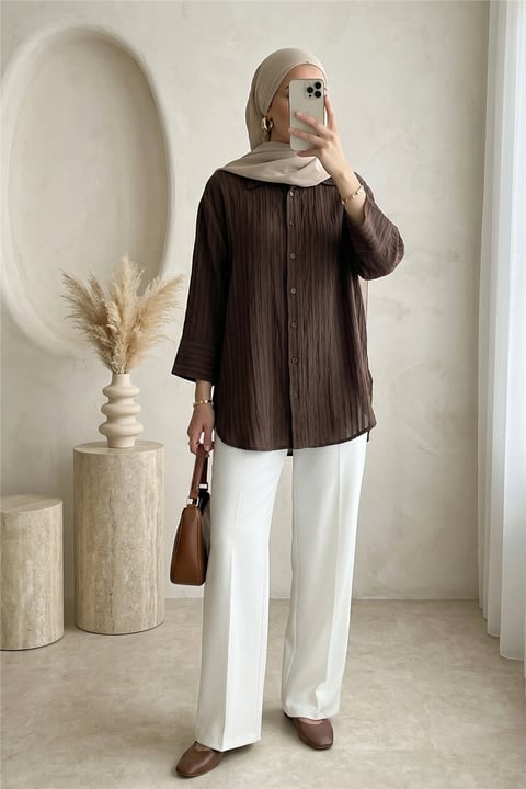 Çizgi Desen Oval Kesim Krinkıl Gömlek -Kahve-Gömlek-317-2416-R15