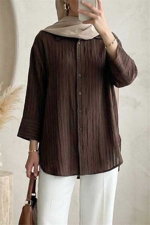 Çizgi Desen Oval Kesim Krinkıl Gömlek -Kahve-Gömlek-317-2416-R15