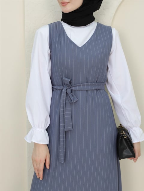 Çizgili Beli Kuşaklı Gömlek Jile Takım -Gri-Jile Elbise-349-5063-R11