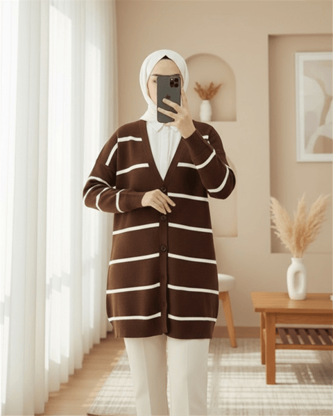 Çizgili Düğmeli Hırka -Kahve-Triko Hırka-109-1025-R15