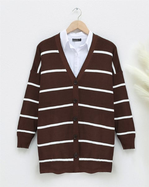 Çizgili Düğmeli Hırka -Kahve-Triko Hırka-109-1025-R15