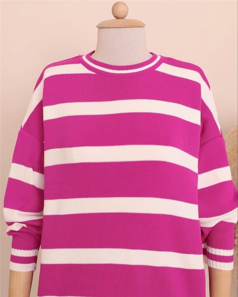 تونيك حجاب شتوي مخطط - فوشيا-Triko Tunik-109-9509-R14