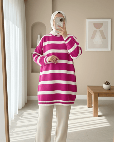 تونيك حجاب شتوي مخطط - فوشيا-Triko Tunik-109-9509-R14