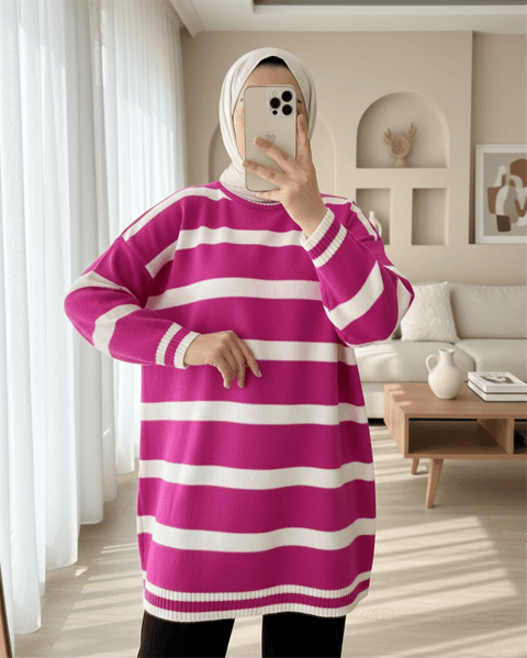 تونيك حجاب شتوي مخطط - فوشيا-Triko Tunik-109-9509-R14