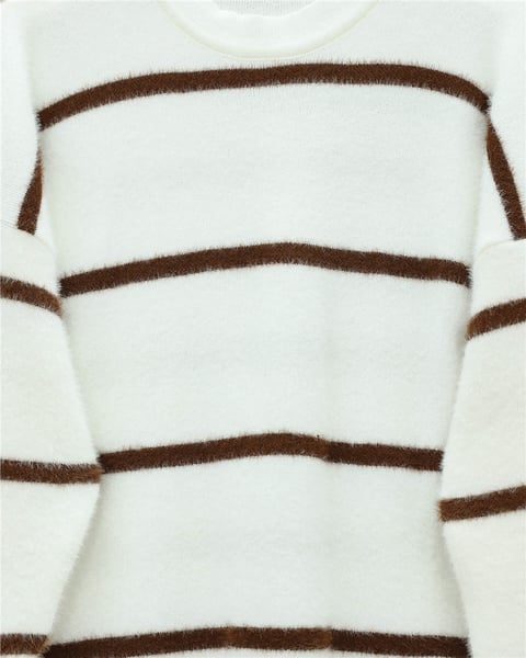 Çizgili Salaş Sakallı Triko Tunik -Beyaz-Tunik-295-18002-R02