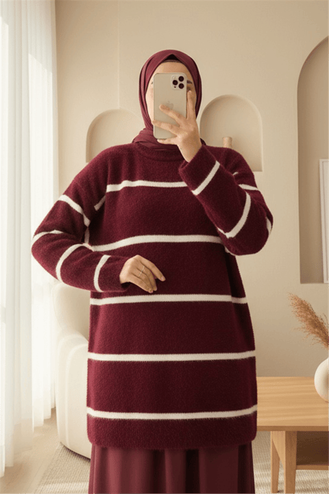 Çizgili Salaş Sakallı Triko Tunik -Bordo-Tunik-295-18002-R04