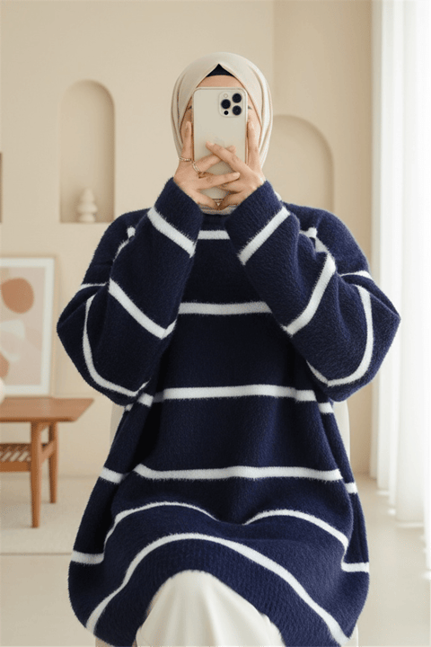 Çizgili Salaş Sakallı Triko Tunik -Laci-Tunik-295-18002-R03