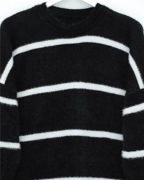 Çizgili Salaş Sakallı Triko Tunik -Siyah-Tunik-295-18002-R01