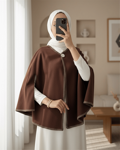Çoban Dikişli Cepli Kaşe Panço -Kahve-Trençkot-307-0018-R15