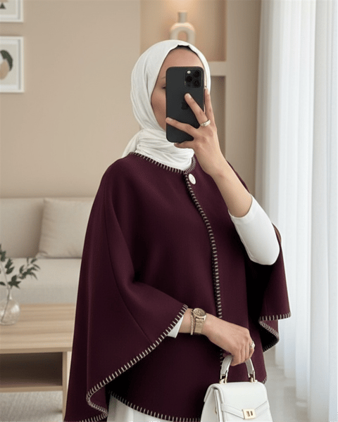 Çoban Dikişli Cepli Kaşe Panço -Mürdüm-Trençkot-307-0018-R09