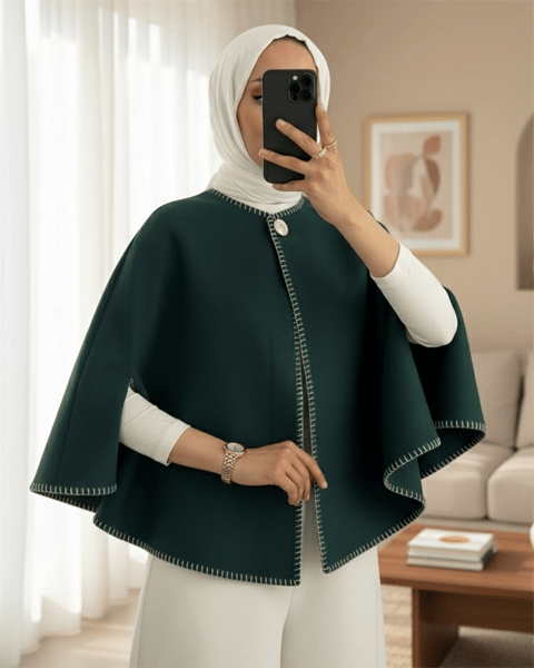 Çoban Dikişli Cepli Kaşe Panço -Zümrüt-Trençkot-307-0018-R17