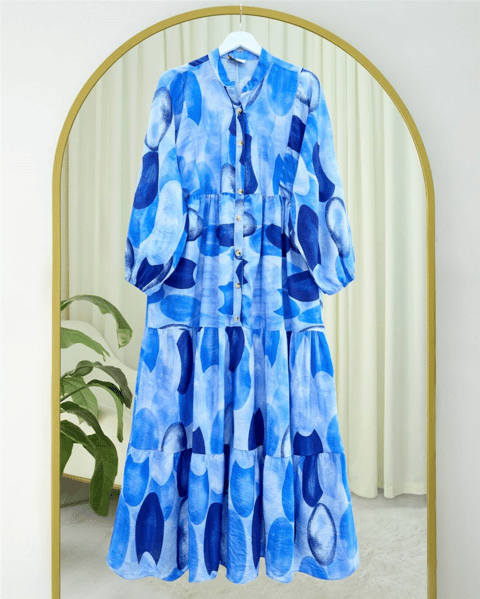 Daire Desen Yarım Düğmeli Kolu Lastikli Elbise -Koyu Mavi-Elbise-197-67866-R26