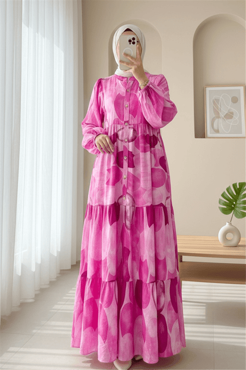 Daire Desen Yarım Düğmeli Kolu Lastikli Elbise -Fuşya-Elbise-197-67866-R14