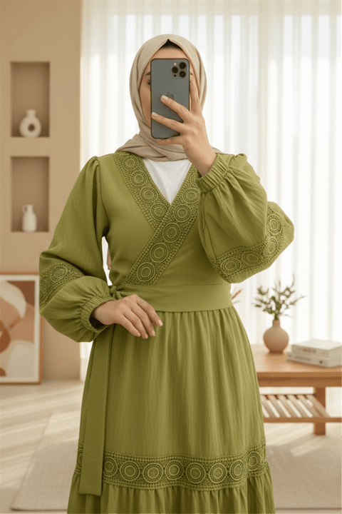 Dantel Detaylı Bağlamalı Kolu Lastikli Kraş Etekli Takım  -Zeytin-Takım-398-4020-R59