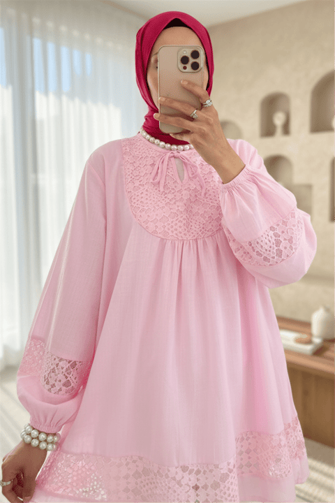 Dantel Detaylı Yakası Bağlamalı Kolu Lastikli Gömlek -Pembe-Gömlek-307-2305-R20
