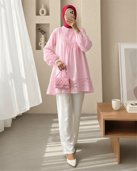 Dantel Detaylı Yakası Bağlamalı Kolu Lastikli Gömlek -Pembe-Gömlek-307-2305-R20