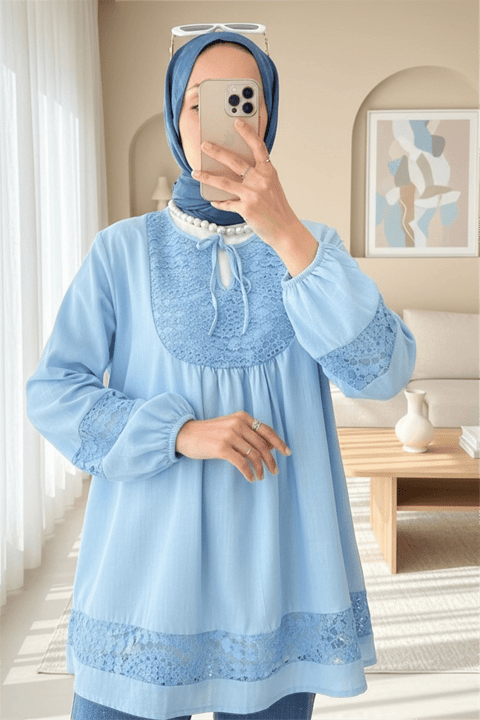 Dantel Detaylı Yakası Bağlamalı Kolu Lastikli Gömlek  -Mavi-Gömlek-307-2305-R31