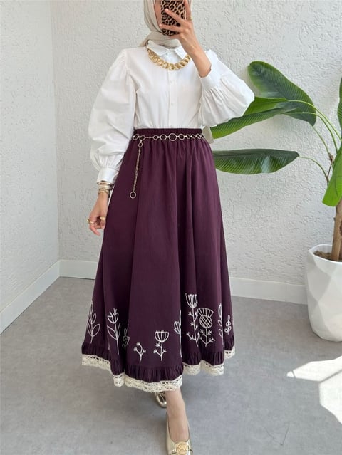 Dantel İşlemeli Beli Lastikli Etek -Mürdüm-Etek-307-2329-R09