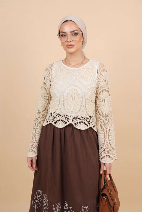 Dantel Örgü Triko Bluz  -Ekru-Bluz-364-3000-R07