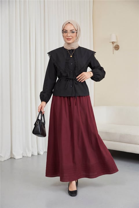 Dantelli Geniş Yakalı Bağcıklı Kolu Lastikli Poplin Gömlek  -Siyah-Gömlek-432-2635-R01