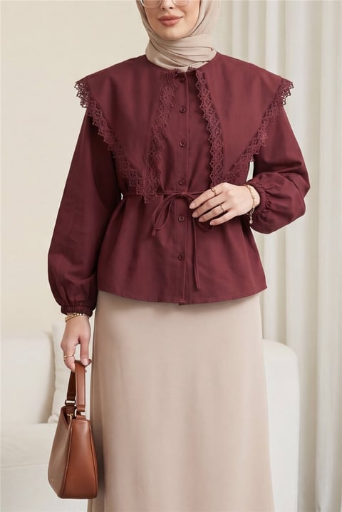 Dantelli Geniş Yakalı Bağcıklı Kolu Lastikli Poplin Gömlek  -Bordo-Gömlek-432-2635-R04