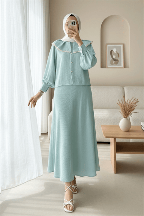 Dantelli Marul Yaka Saf Keten Etekli Takım -Su Yeşili-Takım-307-2082-R36