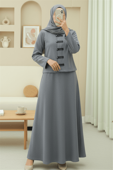 Deri Detaylı Önü Düğmeli Etekli Selanik Takım -Gri-Takım-253-13111-R11