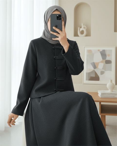 Deri Detaylı Önü Düğmeli Etekli Selanik Takım -Antrasit-Takım-253-13111-R64