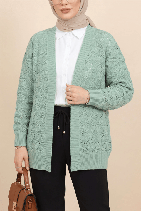 Desenli Araboy Örme Triko Hırka  -Mint-Hırka-109-0981-R24