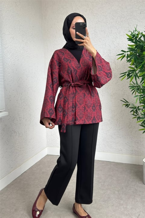 Dijital Baskılı Beli Kemerli Kapitone Kimono -Kırmızı-Kimono & Kaftan-307-0016-R33