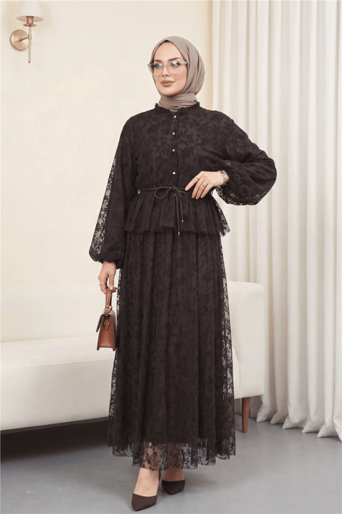 Dik Yaka Flog Baskılı Balon Kol Beli Bağcıklı Etekli Astarlı Tül Takım -Kahve-Takım-398-22034-R15