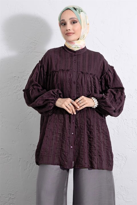 Dik Yaka Sim Çizgili Balon Kol Oversize Gofre Tunik -Mürdüm-Tunik-307-0098-R09