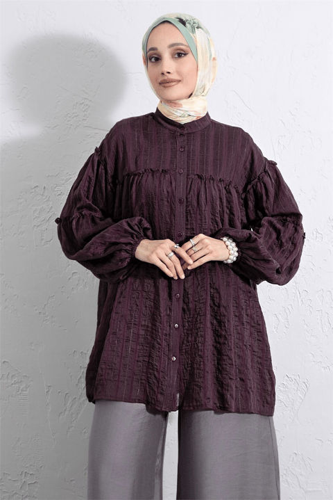 Dik Yaka Sim Çizgili Balon Kol Oversize Gofre Tunik -Mürdüm-Tunik-307-0098-R09