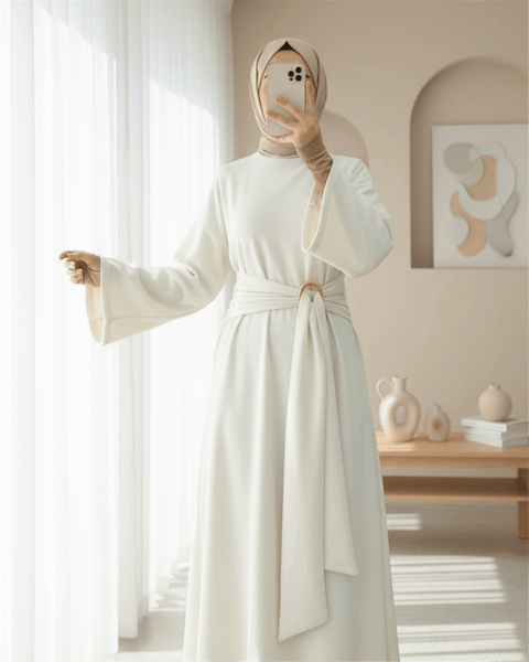 Dik Yaka Tokalı Bağcıklı Uzun Selanik Elbise -Krem-Elbise-349-8011-R28