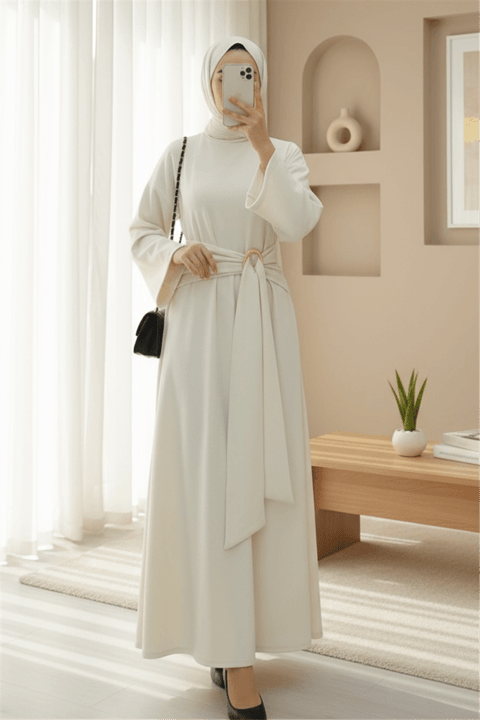 Dik Yaka Tokalı Bağcıklı Uzun Selanik Elbise -Krem-Elbise-349-8011-R28