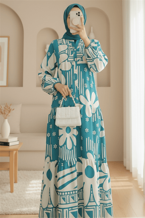 Dik Yaka Yarım Düğmeli Parçalı Çiçekli Elbise -Mint-Elbise-199-60615-R24