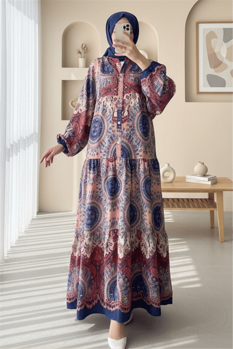 Dik Yaka Yarım Düğmeli Parçalı Elbise    -Yavruağzı-Elbise-199-6061-R77